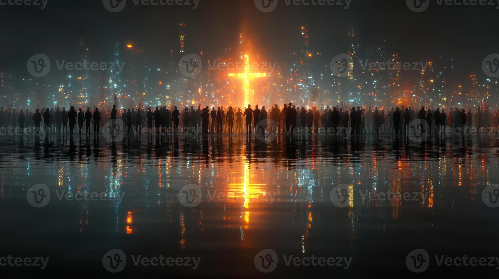 Crowd gathers at night to witness illuminated cross reflection in water amidst urban backdrop photo