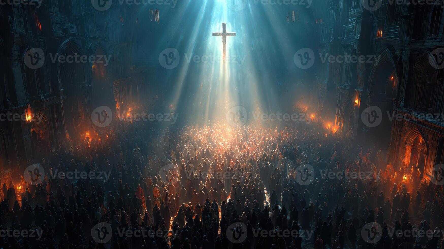 Spiritual gathering in a grand cathedral illuminated by light at dusk photo