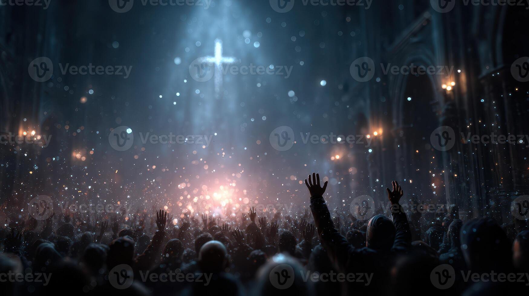 Crowd worshipping in an atmospheric cathedral with a visible cross and beams of light photo