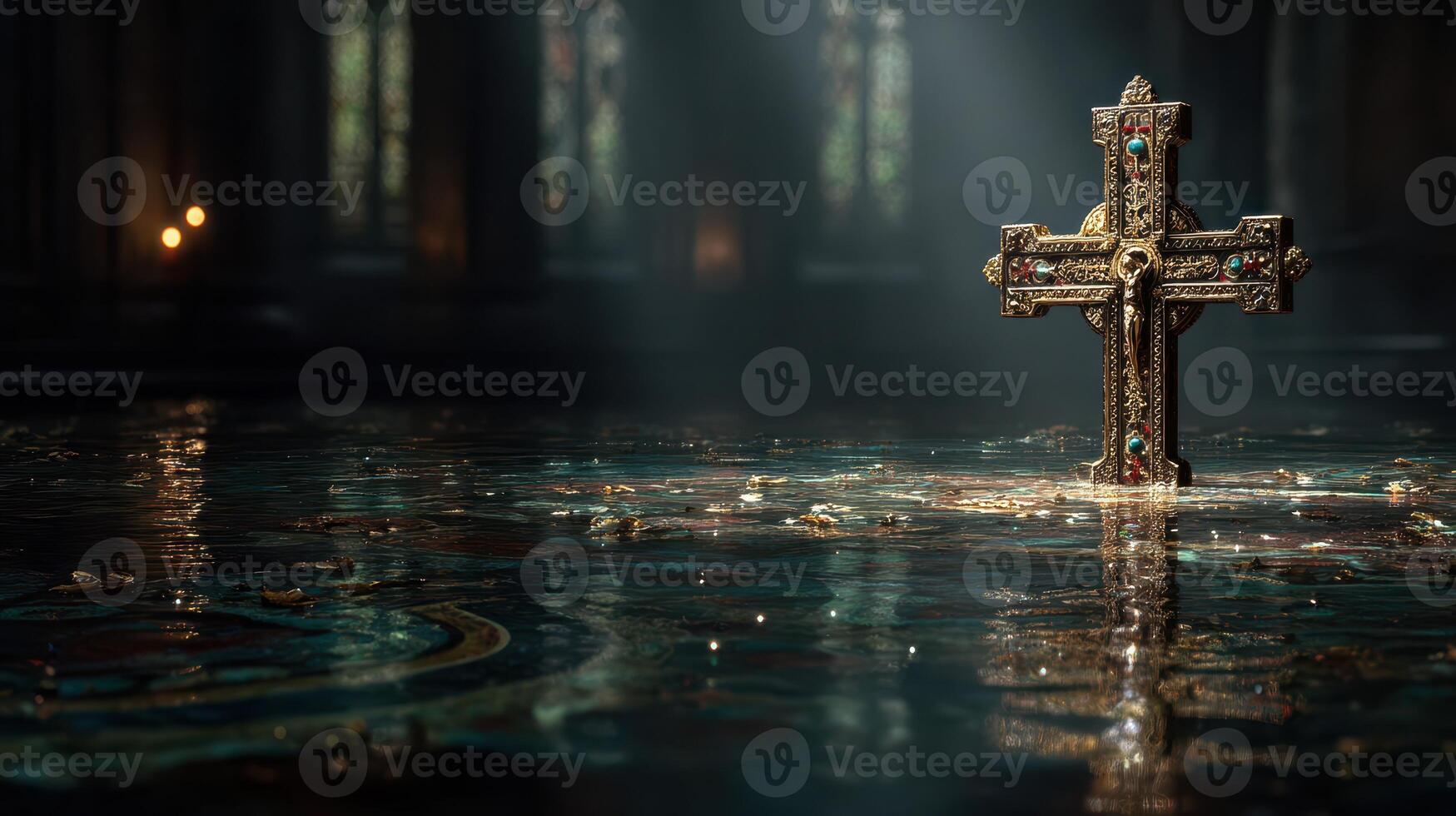 Intricate golden cross stands majestically in serene water within an ancient, dimly lit cathedral photo