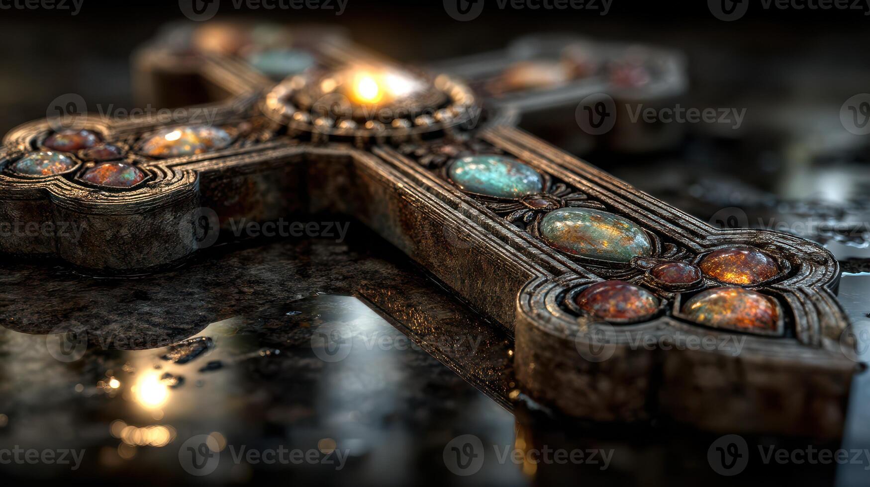 Intricate metallic cross with gemstones creating an elegant reflection on a dark surface photo