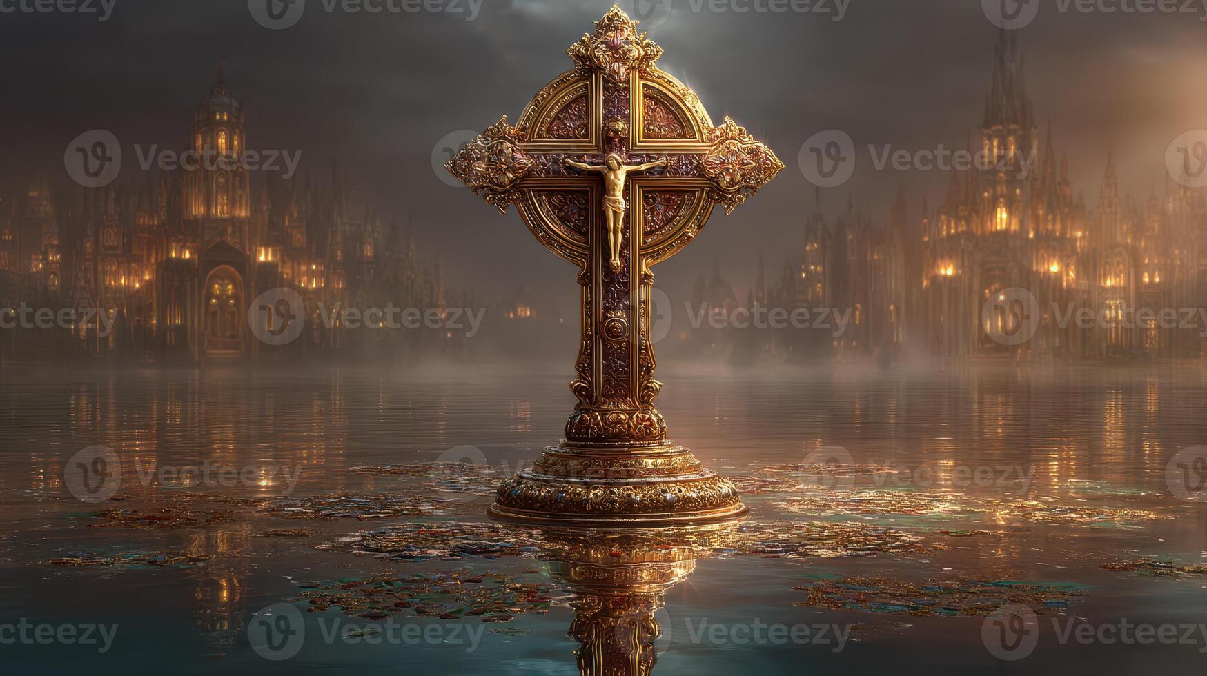 Ornate golden cross stands in serene water with a mystical cityscape at dusk surrounded by fog photo