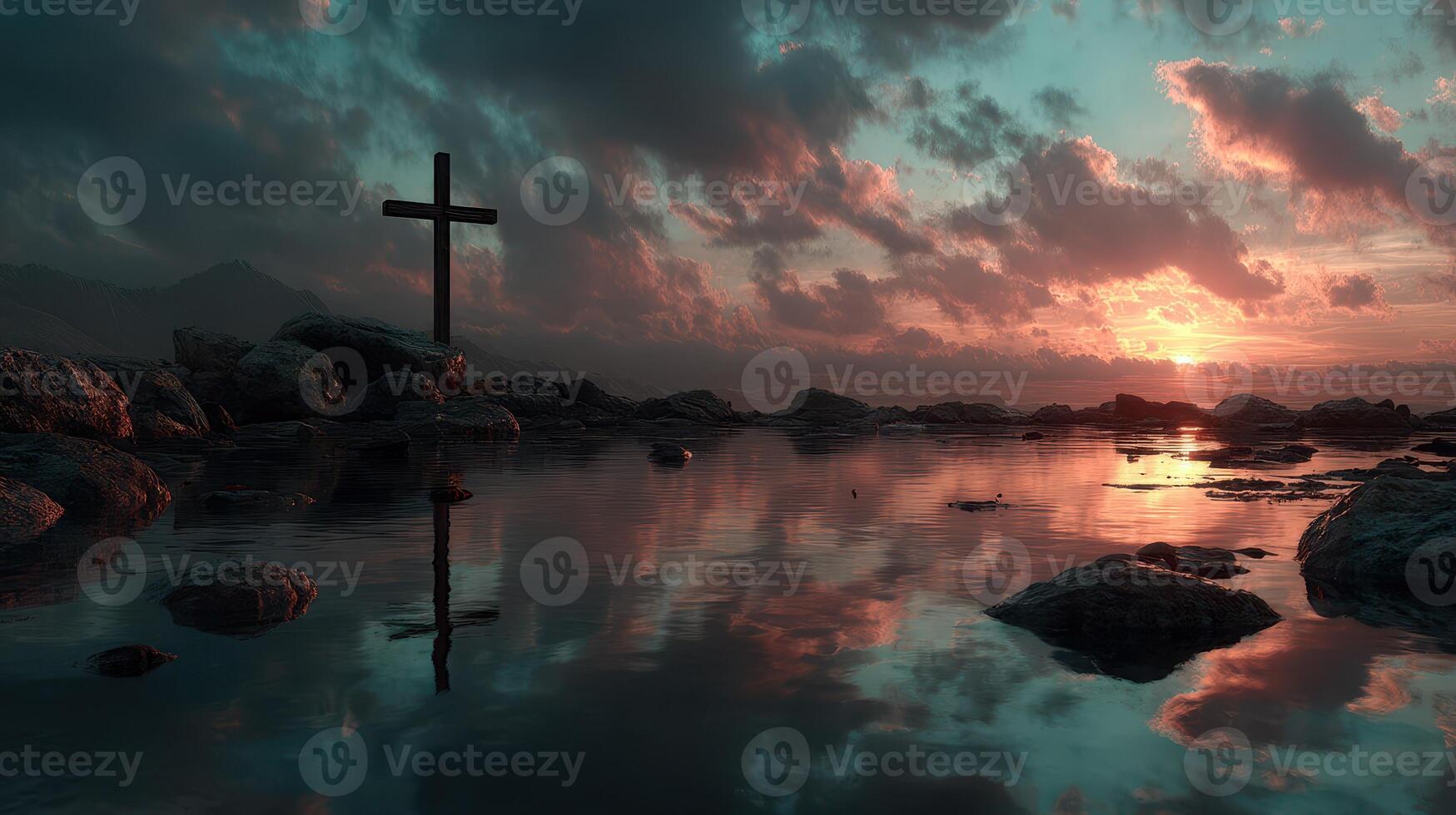 Sunset view at serene coastal location with cross reflecting in calm water and dramatic cloud formations photo