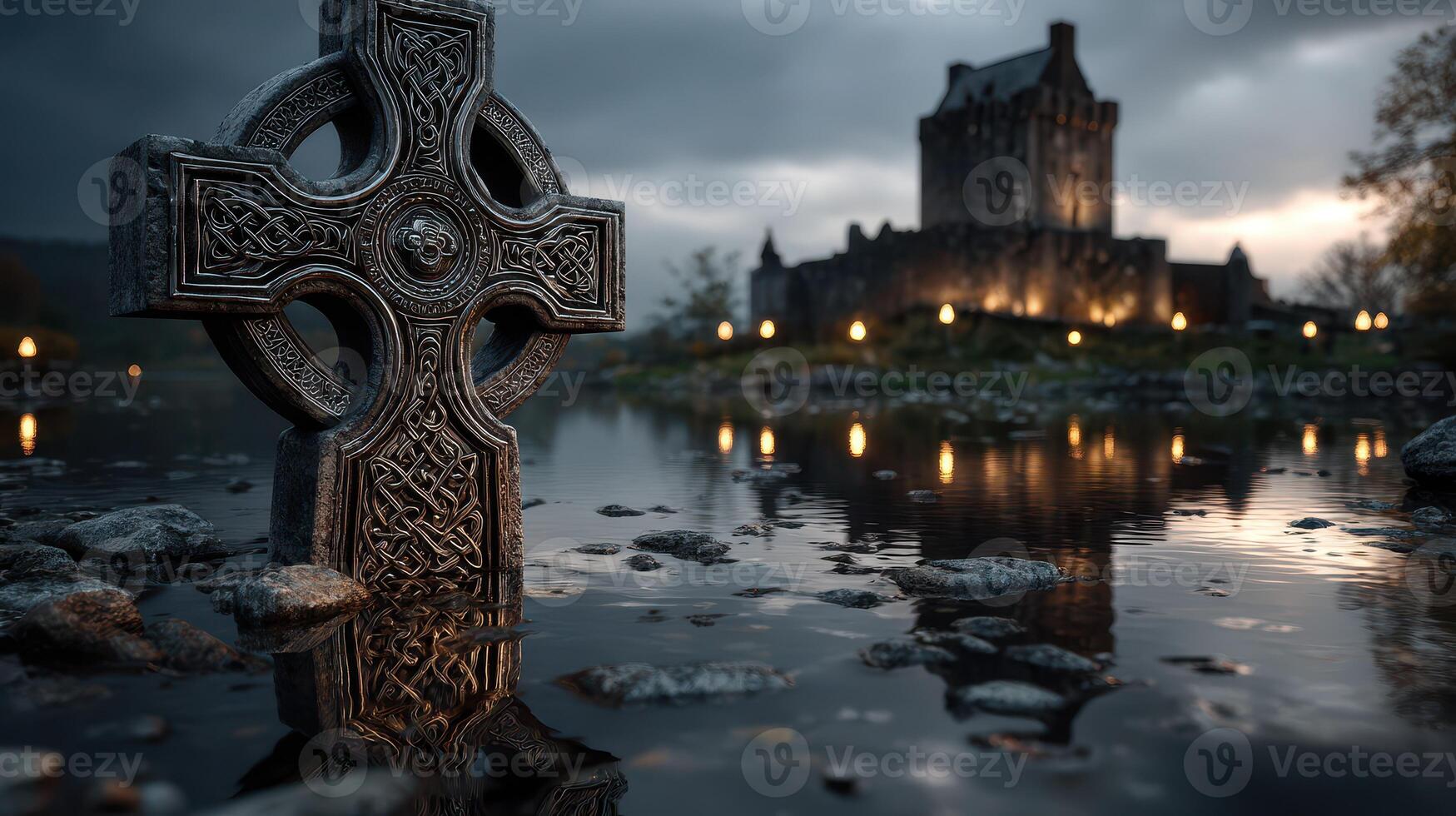 Celtic cross in the foreground with an ancient castle backdrop during twilight near a calm body of water photo