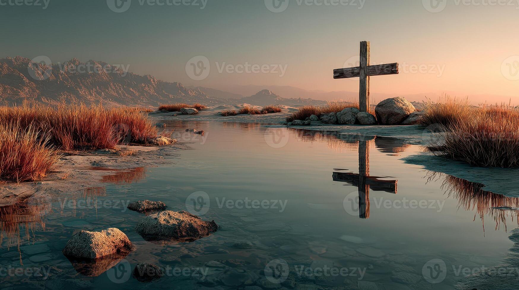 Cross reflected in calm water at sunset near rocky mountains with golden grass photo