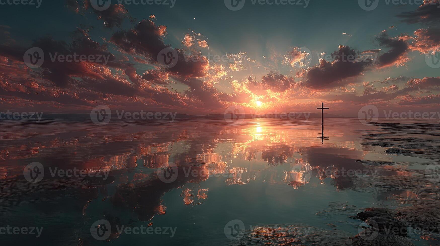 Sunrise over calm waters with cross reflection and dramatic clouds in the sky photo
