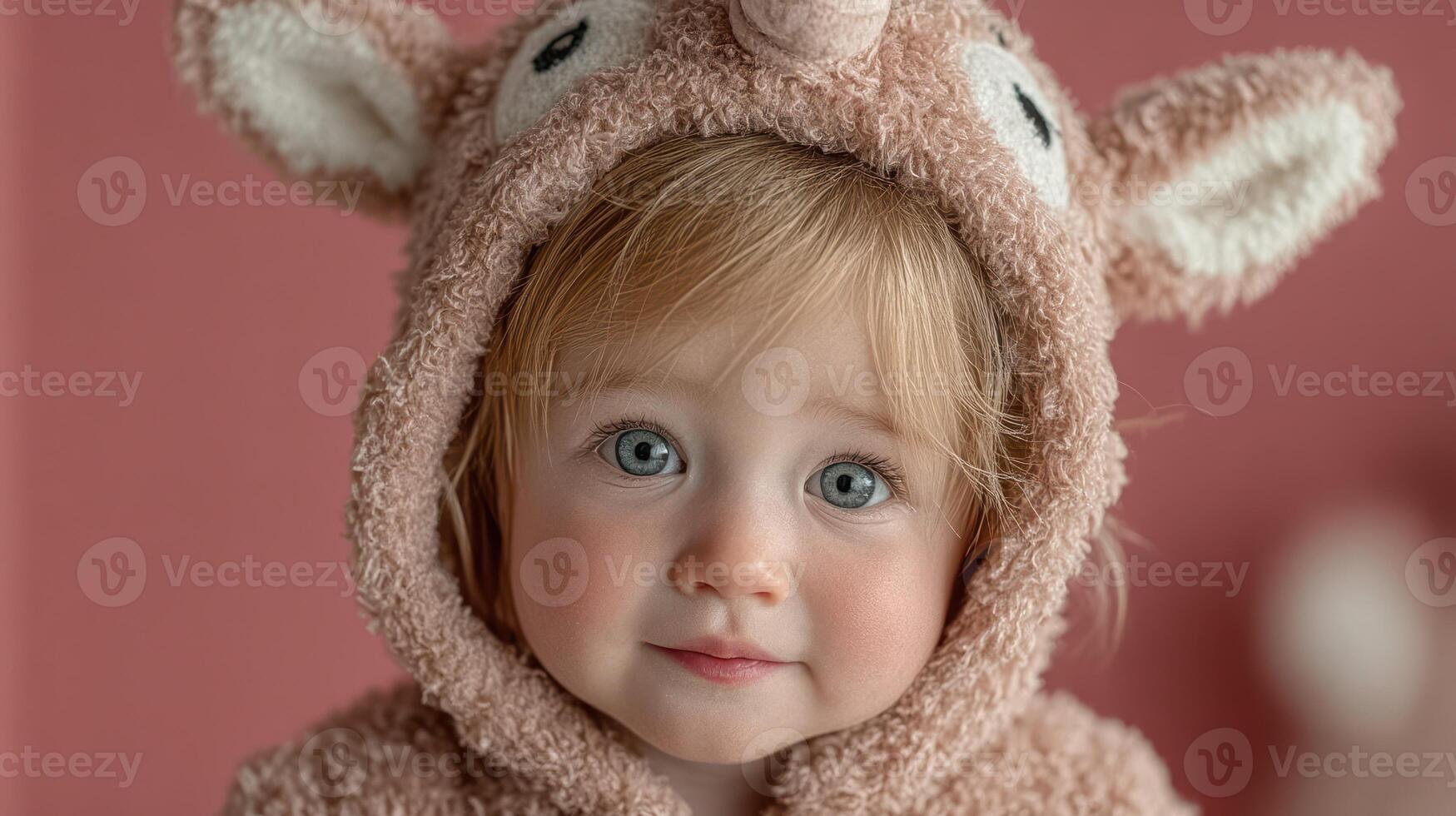 Cute toddler in a fuzzy animal costume smiles brightly in a cozy indoor setting during the day photo