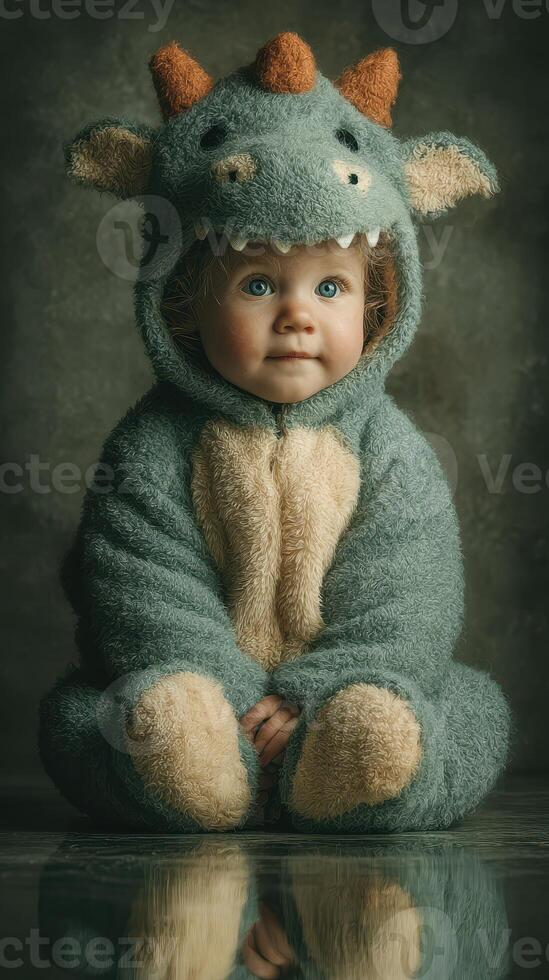 Child in adorable monster costume sitting indoors with a curious expression during a cozy afternoon photo