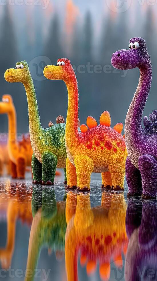 Colorful dinosaur figurines create a vibrant display by the water reflecting nature at dawn with a soft mist hovering above the landscape photo