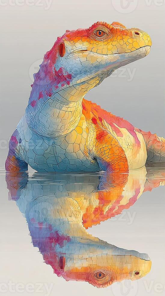 Colorful dinosaur sculpture reflects in still water at sunset photo