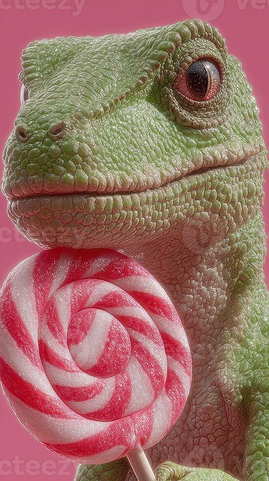 Green lizard enjoys colorful candy on pink background in playful display of whimsy and sweetness photo