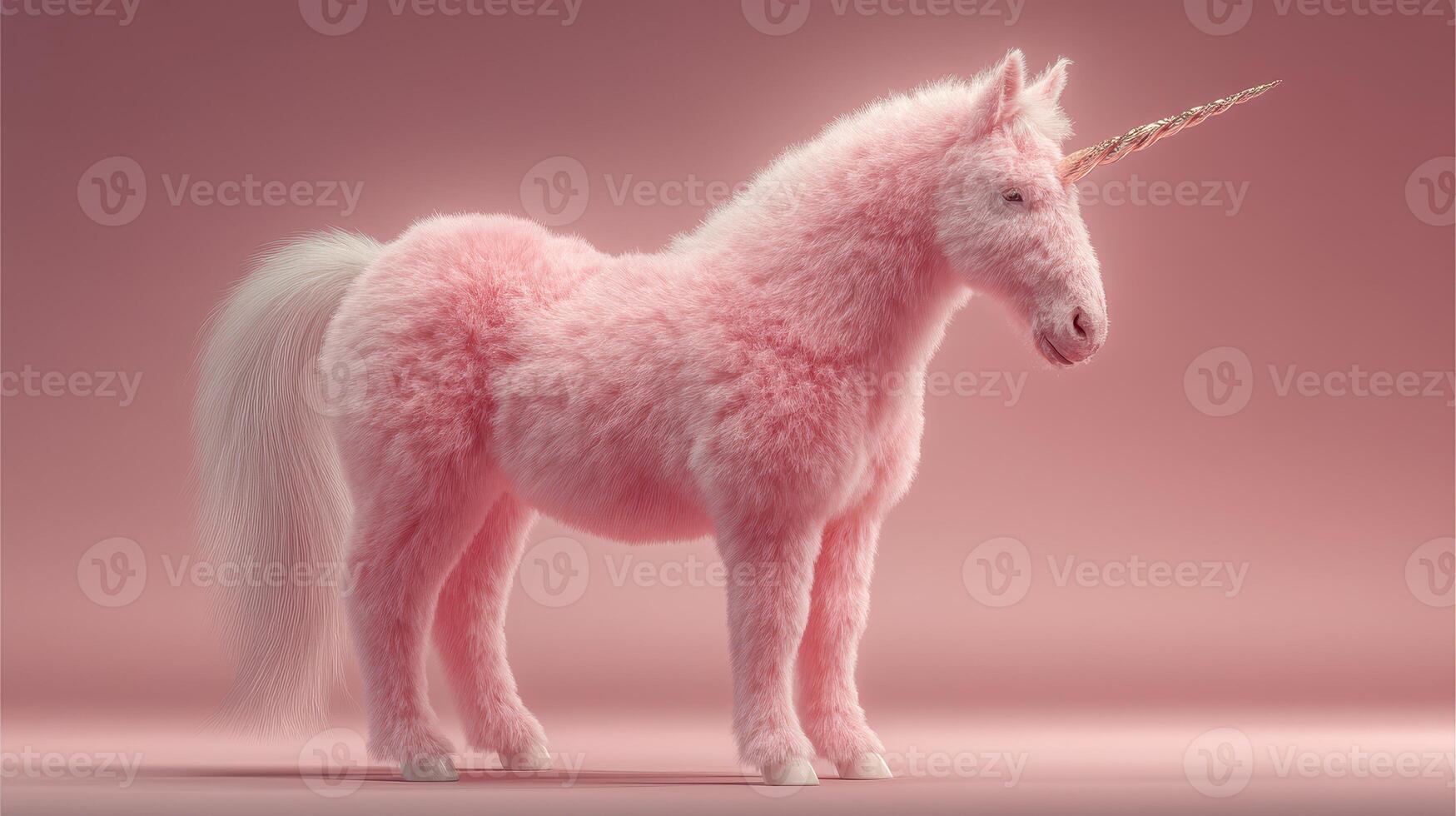 Pink fluffy unicorn standing gracefully in a pastel studio against a soft background with magical charm photo