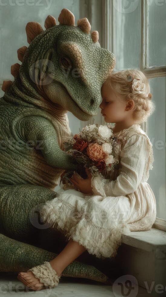 Child and dinosaur share a tender moment in a bright and cozy room filled with flowers and warmth photo