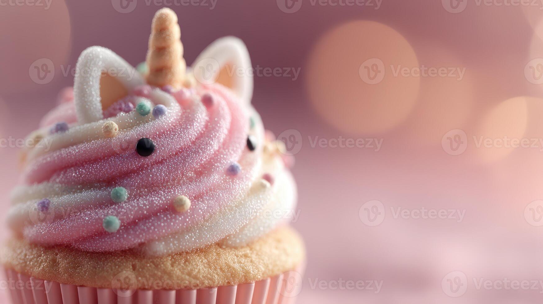 Colorful unicorn cupcake with frosting and sprinkles in playful setting photo
