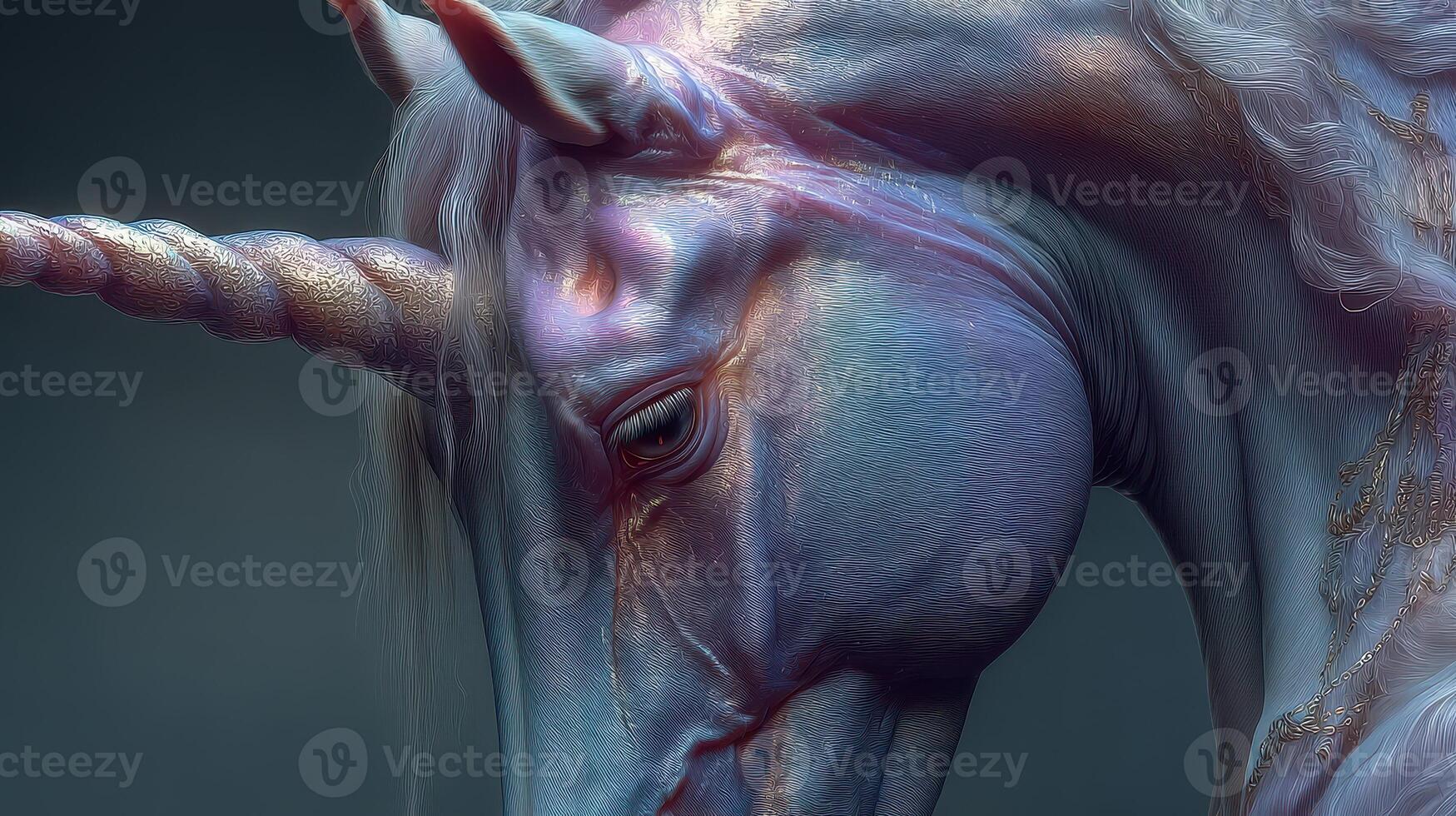 Majestic unicorn portrait with enchanting colors highlighting features and ethereal glow in a mystical setting photo