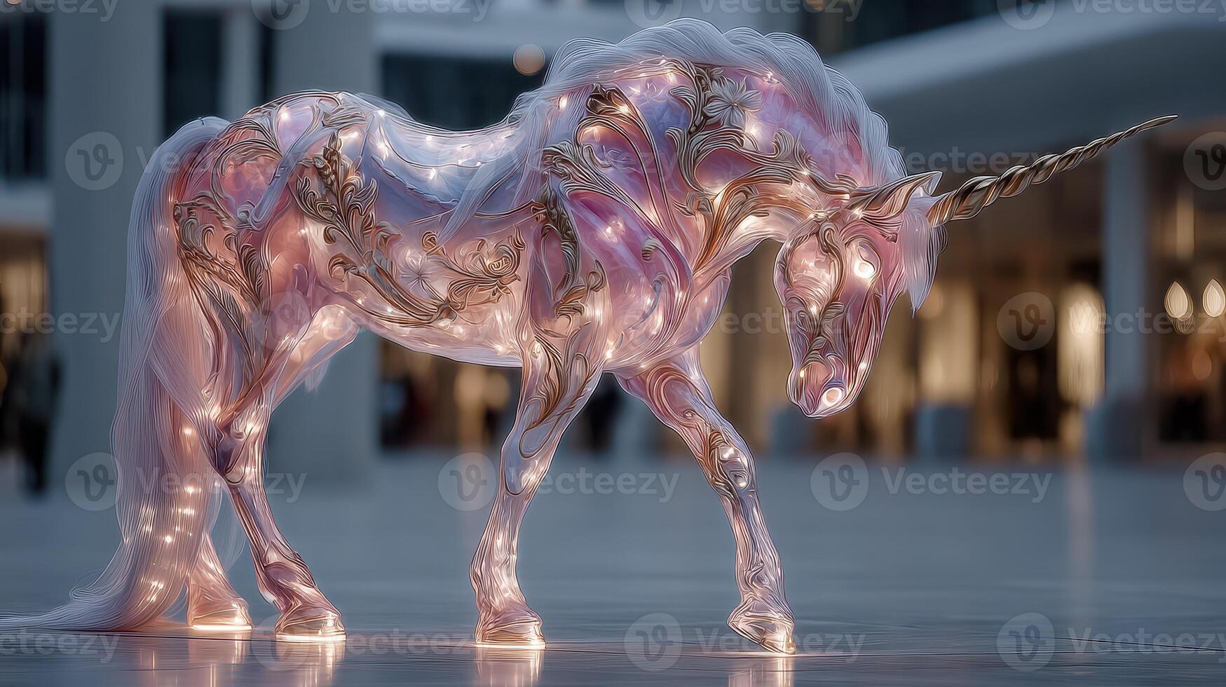 Glowing unicorn sculpture stands gracefully in a modern art gallery during evening hours photo