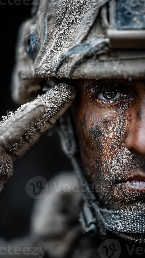 Soldier salutes with determination during training exercise in rugged terrain at dawn photo
