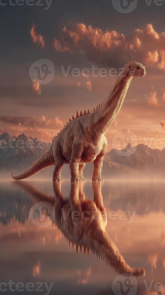 Majestic dinosaur stands tall against a sunset backdrop near tranquil water and distant mountains photo
