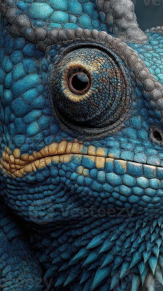 Colorful close-up of a detailed lizard showing vibrant blue and gold scales against a dark background photo
