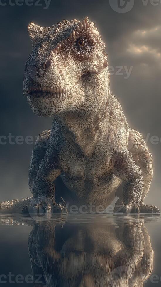 Dinosaur-like creature rests on a misty landscape during twilight, showcasing intricate details and reflections on water photo