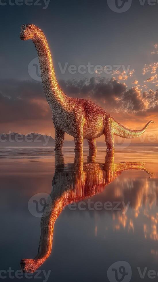 Giant dinosaur standing in tranquil water during sunset with vibrant colors reflecting in the still surface photo