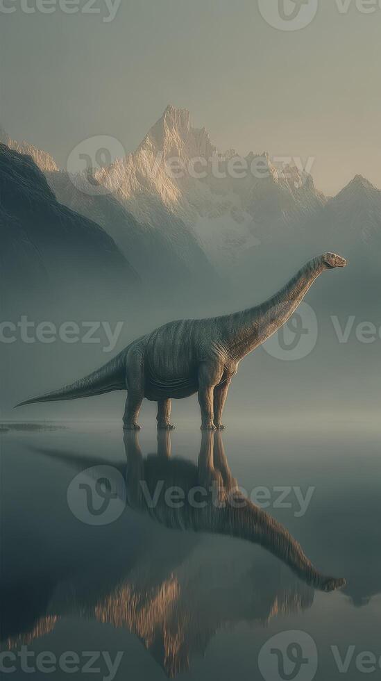 Majestic dinosaur stands by serene lake with mountains in the background at dawn photo