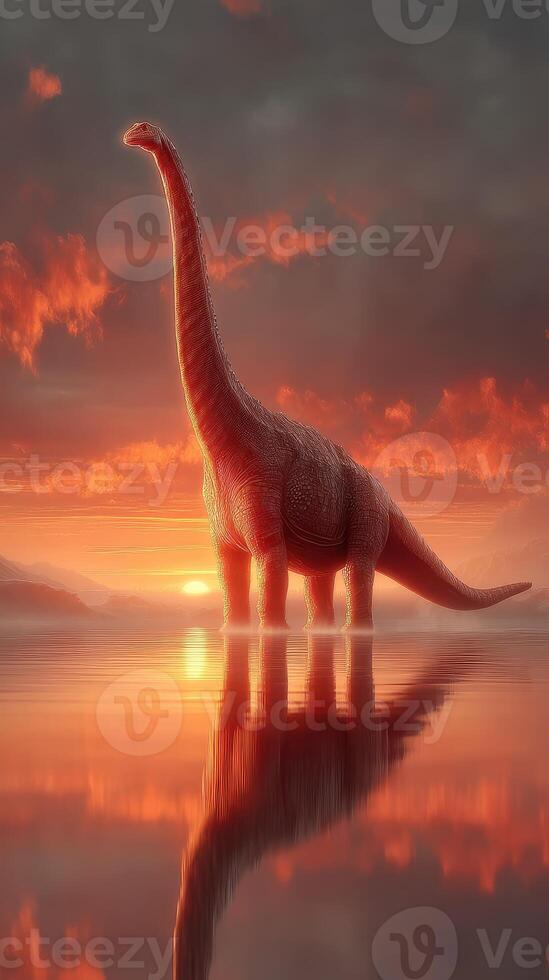 Majestic dinosaur silhouette against a vibrant sunset over calm waters reflecting orange hues photo