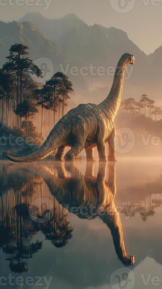 Ancient dinosaur stands in serene lake reflecting mountains and trees at sunrise photo