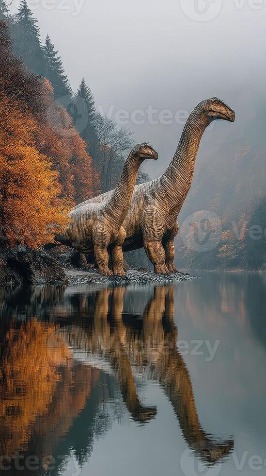 Two large dinosaurs standing by a serene lake surrounded by autumn trees in the misty morning light photo