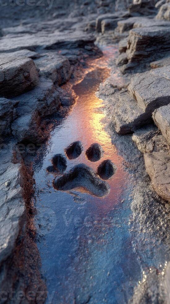 Paw print reflected in water on rocky surface during golden hour at coastal location photo