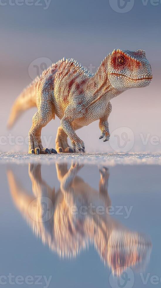 Dinosaur model walking near a reflective surface during sunrise with soft colors illuminating the scene photo