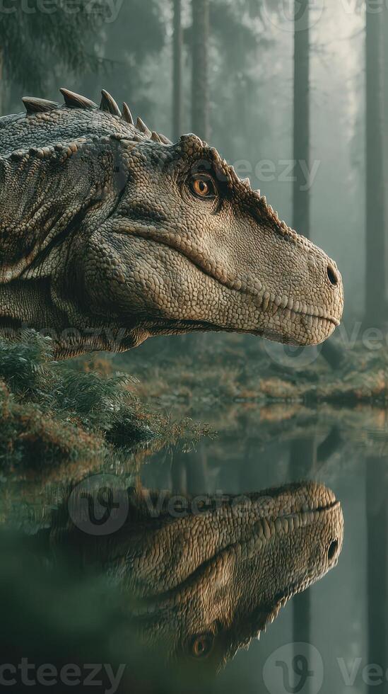 Majestic dinosaur emerging from the misty forest beside a tranquil pond in early morning light photo