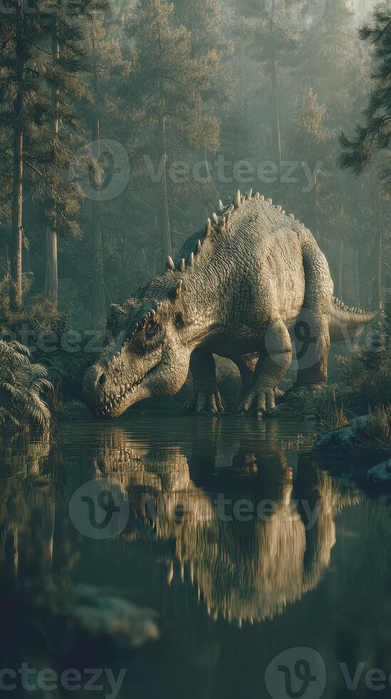 Dinosaur drinking water in serene forest setting at dawn with fog and reflections in still water photo