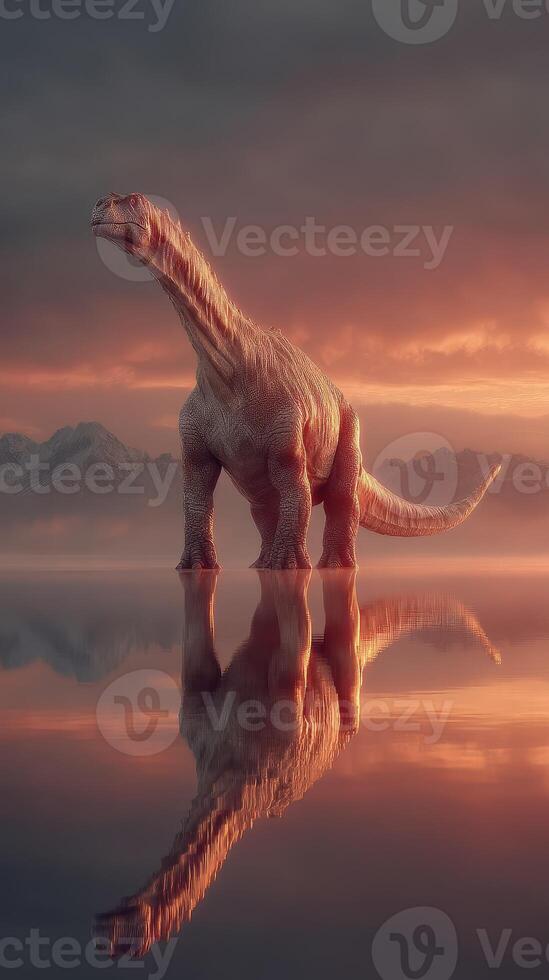 Giant dinosaur stands majestically in reflective waters at sunset in a tranquil landscape photo