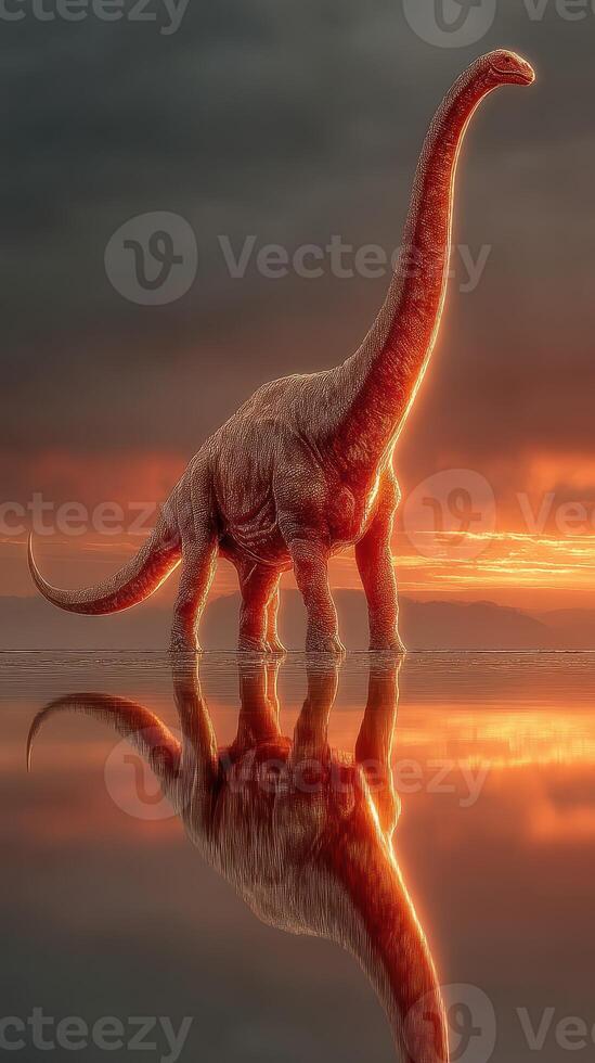 Massive dinosaur stands by a serene lake at sunset highlighting its majestic silhouette and reflection in calm water photo