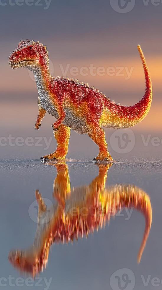 Brightly colored dinosaur stands on reflective surface during sunset in a serene landscape photo