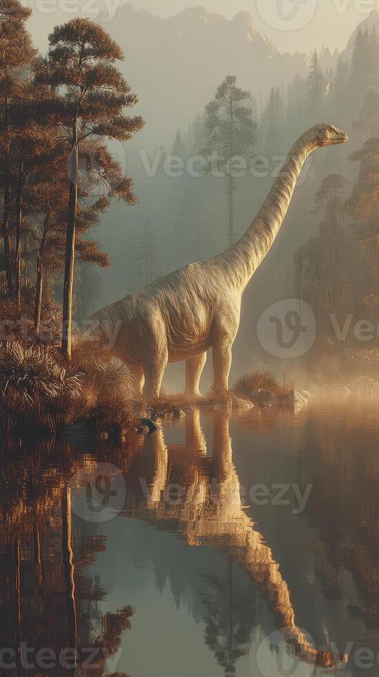 Large dinosaur standing near a tranquil lake surrounded by lush trees during early morning fog photo