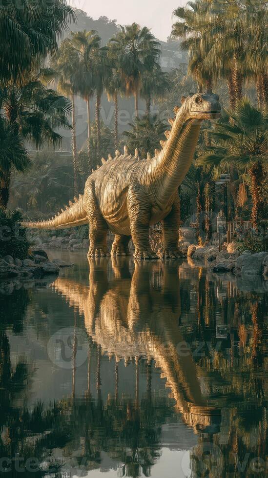 Dinosaur stands gracefully in a serene lagoon surrounded by lush greenery during golden hour at a prehistoric-themed park photo