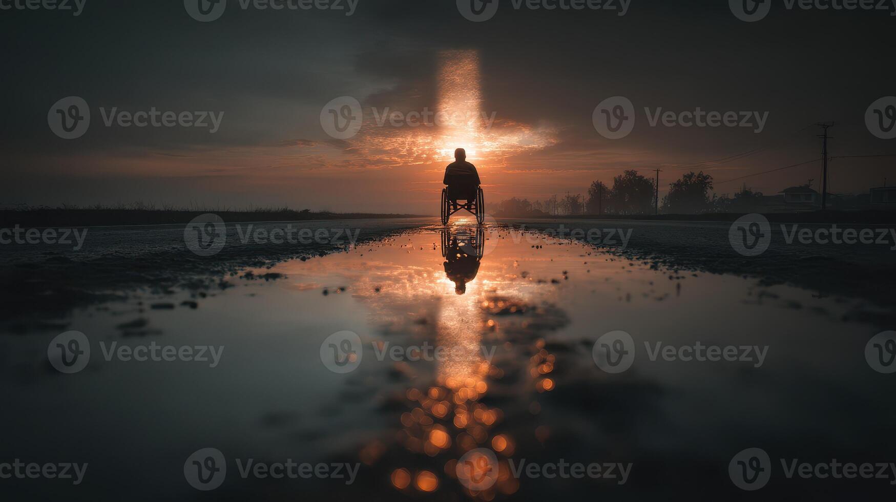 Majestic sunset reflects on a tranquil road as a wheelchair user contemplates the horizon in solitude photo