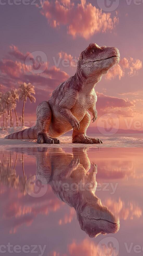 Giant dinosaur stands on a beach at sunset reflecting in the water under a colorful sky photo