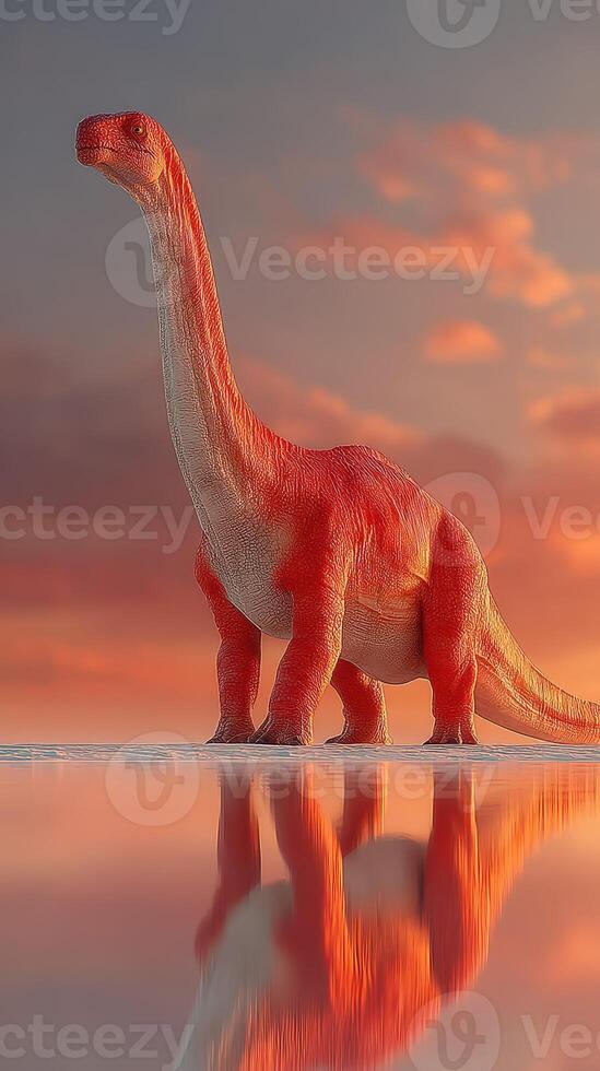 Dinosaur silhouette against a colorful sunset reflecting on calm waters photo