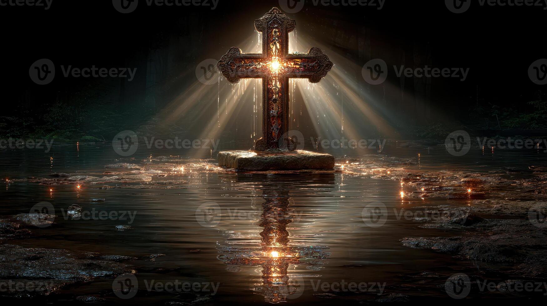 Illuminated cross in calm water with beams of light shining from above at dusk photo