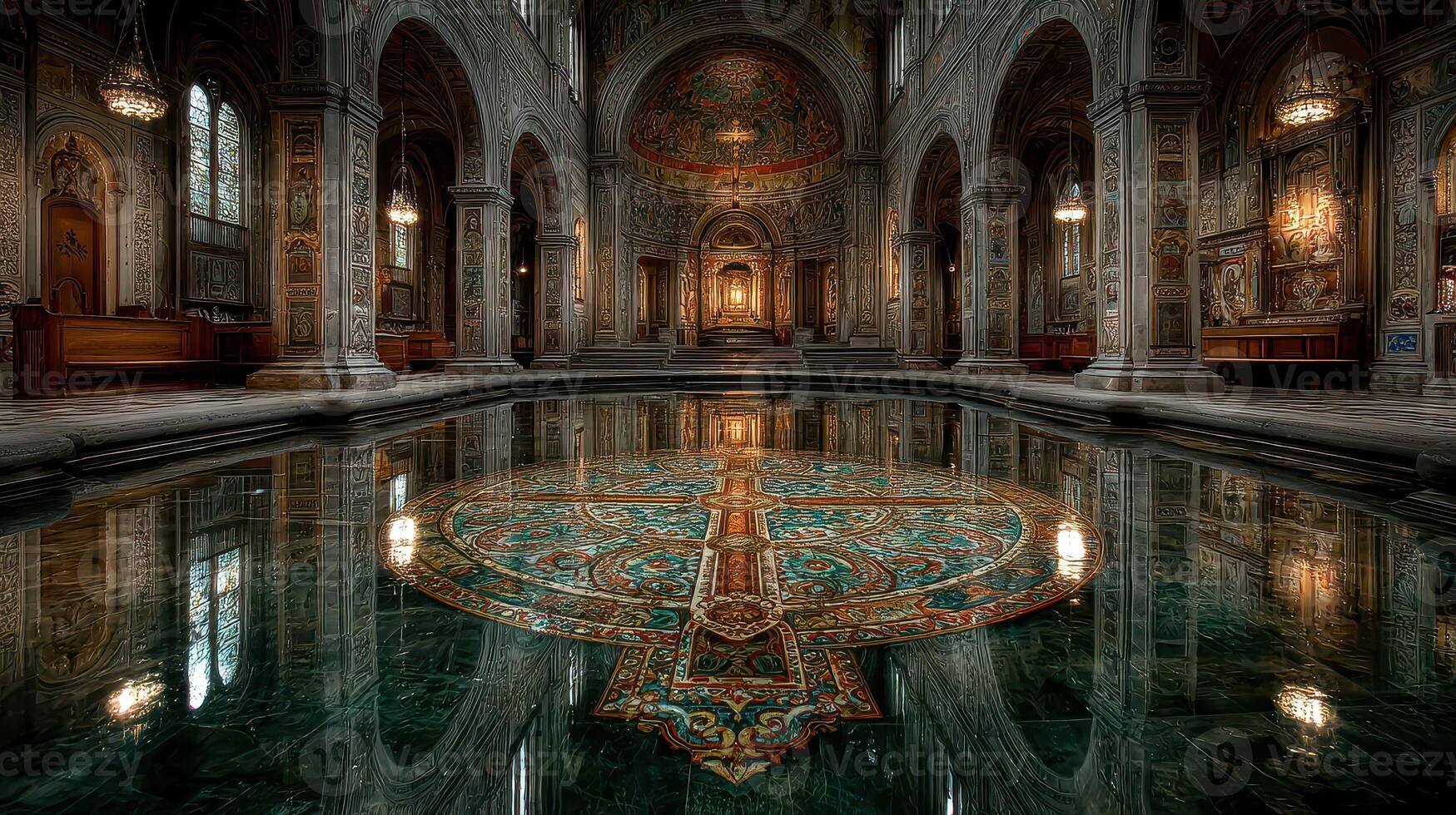 Intricate reflections in an ornate cultural hall with elegant architecture and colorful mosaic designs photo