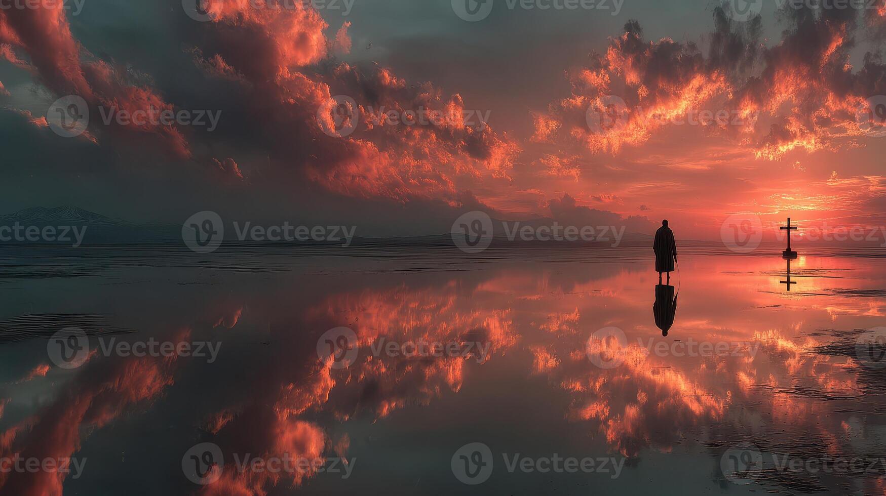 Stunning sunset reflecting on tranquil waters with solitary figure standing at the shoreline photo