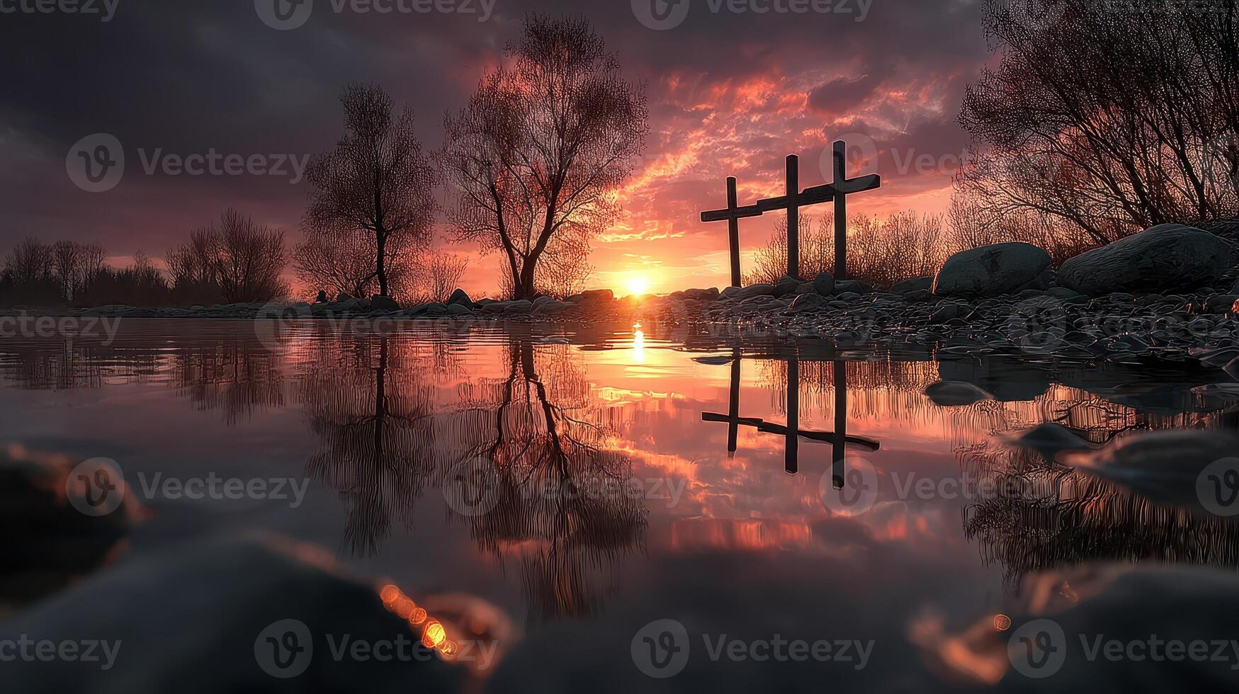 Sunset over tranquil river with reflective trees and three wooden crosses marking a serene landscape photo
