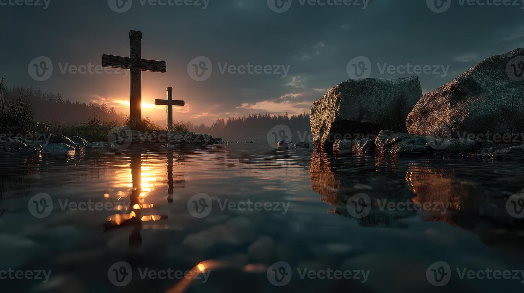 Reflections at sunset near wooden crosses by a serene lake surrounded by trees and rocks photo