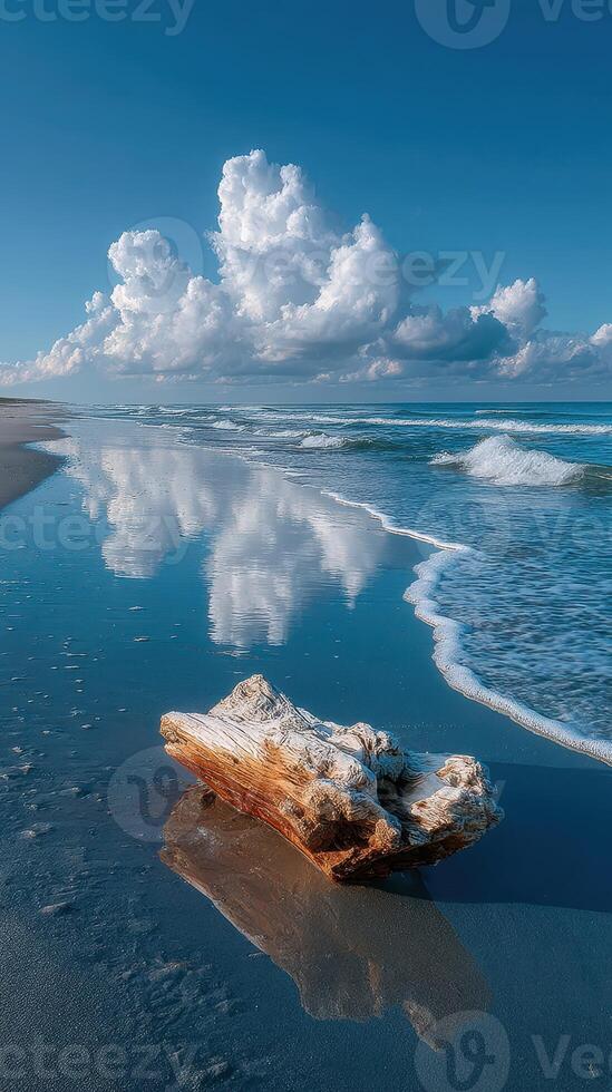 Driftwood rests on a quiet beach under a bright sky with fluffy clouds reflecting on the water during a sunny day photo