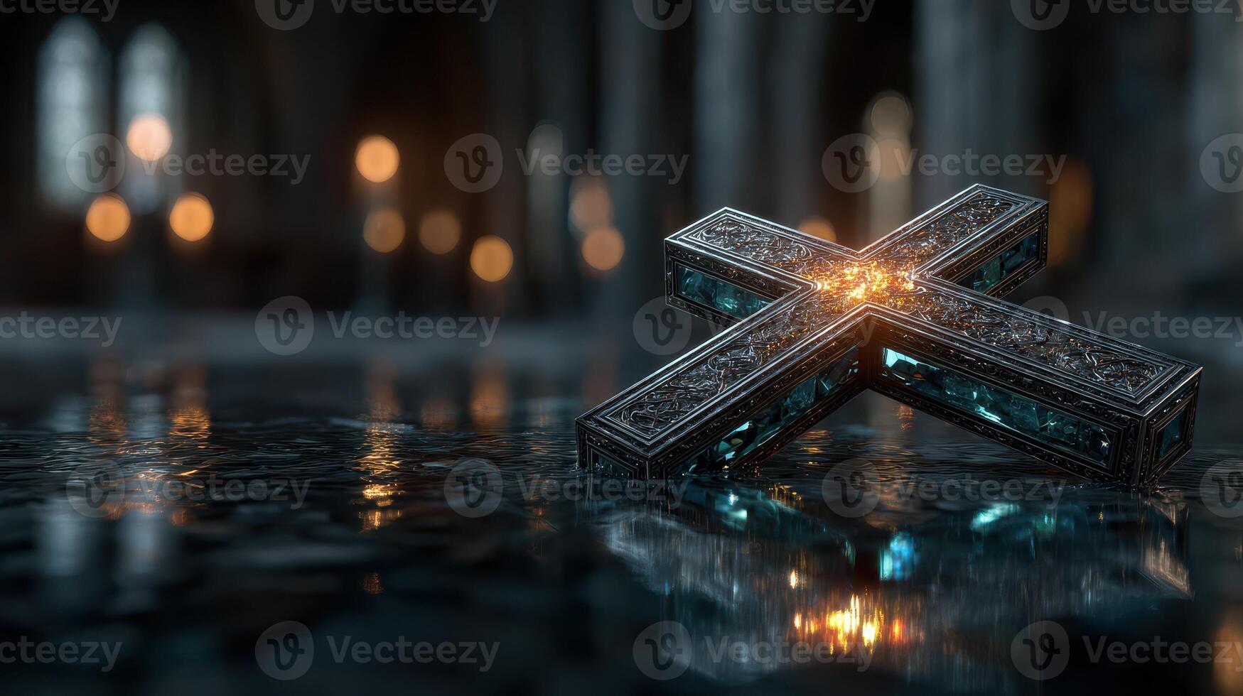 Intricate cross with glowing center rests on reflective surface in an atmospheric, dimly lit space photo