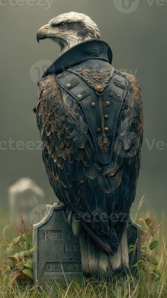 Majestic eagle in a military coat perched on a gravestone in a foggy cemetery during an overcast day photo