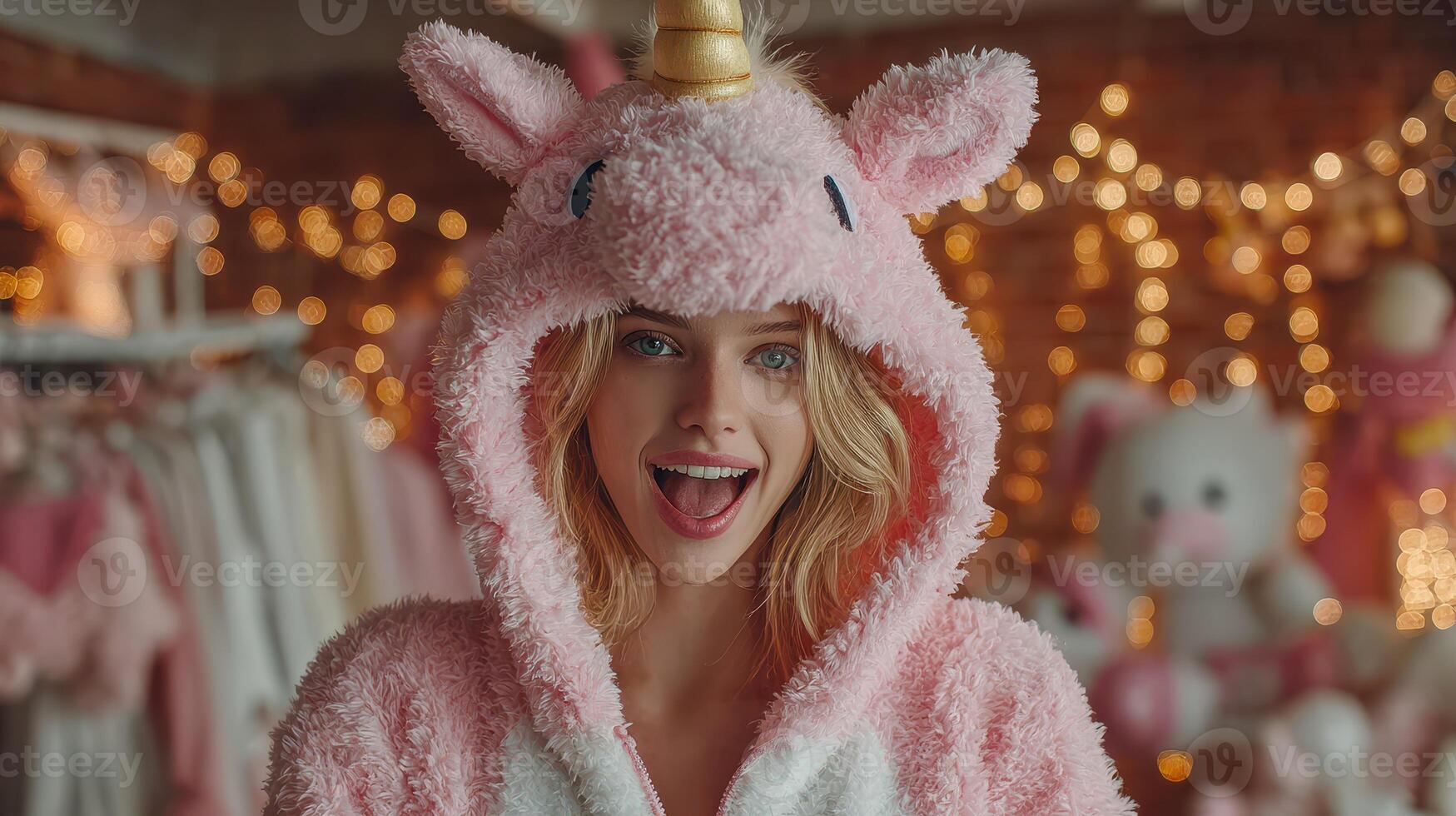 Smiling woman in unicorn onesie surrounded by cozy decorations during a festive evening indoors photo